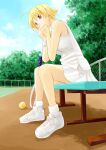  1girl ahoge antenna_hair arm_support ball bare_arms bare_shoulders blonde_hair blue_sky cloud cloudy_sky collared_shirt commentary_request fence from_below from_side looking_to_the_side original pleated_skirt racket satsuki_mikazu shirt shoes short_hair sitting skirt sky sleeveless sleeveless_shirt sneakers socks solo sportswear tennis_ball tennis_court tennis_racket tennis_uniform white_footwear white_shirt white_skirt white_sneakers white_socks white_wristband wristband yellow_eyes 