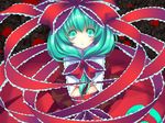  aqua_eyes aqua_hair ayase_hazuki bdsm blood bondage bound bound_wrists bow frills from_above front_ponytail hair_bow hair_ribbon kagiyama_hina long_hair looking_at_viewer looking_up ribbon sad solo touhou 