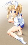  ahoge blonde_hair blue_eyes buruma copyright_request gym_uniform no_shoes socks solo tenmaso 