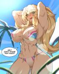  1girl abs absurdres armpits arms_behind_head arms_up bare_shoulders barghest_(fate) barghest_(swimsuit_archer)_(fate) barghest_(swimsuit_archer)_(final_ascension)_(fate) biceps bikini blonde_hair blue_sky breasts cleavage english_text fate/grand_order fate_(series) green_eyes highres horns hyperbudd large_breasts long_hair looking_at_viewer multicolored_bikini multicolored_clothes muscular muscular_female navel open_mouth palm_tree ponytail sky solo speech_bubble swimsuit thick_thighs thighs tree white_bikini 