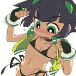  bikini black_hair fingerless_gloves flat_chest gloves green_eyes lowres matsubara_kaoru midriff minawa navel oekaki powered_buttercup powerpuff_girls_z short_hair solo swimsuit tears 