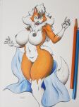 absurd_res animal_humanoid anthro areola big_breasts black_areola breasts canid canid_humanoid canine canine_humanoid canis dog_humanoid dropping_object dusk_lycanroc female fur generation_7_pokemon green_eyes hi_res humanoid lycanroc mammal mammal_humanoid nintendo orange_body orange_fur pokemon pokemon_(species) sekairu slightly_chubby solo surprised_expression tail towel traditional_media_(artwork) wide_hips