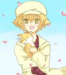  animal bad_id bad_pixiv_id blonde_hair cabbie_hat cat cherry_blossoms clannad dual_persona hat lowres male_focus minami_to_uri_to petals shima_katsuki time_paradox yellow_eyes 