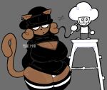 anthro artist_name baggy_clothing beanie belly big_breasts black_clothing black_legwear black_sweater black_thigh_highs black_topwear blush breasts brown_body brown_fur cleavage_cutout clothed clothing curled_hair curvy_figure digital_media_(artwork) domestic_cat duo ear_piercing extreme_size_difference felid feline felis female fur furgonomic_headwear furniture grey_background hair hat headgear headwear holding_object holding_pen huge_breasts huge_thighs human legwear male mammal micro pen piercing probablydemo reese_(probablydemo) simple_background size_difference slightly_chubby smile standing stool sweater tail thick_thighs thigh_highs topwear watermark white_body