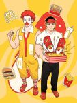  2boys afro badge black_hair black_pants box burger button_badge chioneoc clown crocs cup facepaint fast_food food french_fries full_body hand_in_pocket headset highres holding holding_box jumpsuit looking_at_viewer male_focus mcdonald&#039;s multiple_boys original pants pectoral_cleavage pectorals red_hair red_nose ronald_mcdonald shirt smile socks star_(symbol) streamers striped striped_socks visor_cap white_shirt yellow_jumpsuit 