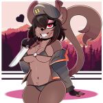 &lt;3 1:1 2023 absurd_res anthro arm_tuft azalea_(wireless_shiba) beret big_breasts bikini black_hair blood blush bodily_fluids breasts chest_tuft clothed clothing digital_media_(artwork) dog_tags elbow_tuft eyebrow_through_hair eyebrows eyelashes felid female forest forest_background fur gloves hair handwear hat headgear headwear hi_res inner_ear_fluff jacket knife looking_at_viewer mammal nature nature_background navel notched_ear pantherine plant pubes red_eyes short_hair smile solo sweat swimwear tail teeth thick_thighs topwear translucent translucent_hair tree tuft wireless_shiba