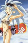  90s artist_request bikini day fang long_hair one_eye_closed ryouko_(tenchi_muyou!) silver_hair snow snowboard solo spiked_hair sunglasses swimsuit tenchi_muyou! yellow_eyes 