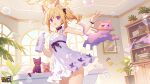  1girl ahoge animal_ears bell benghuai_xueyuan blonde_hair bow bubble cat cat_ears copyright_name day highres holding honkai_(series) indoors jingle_bell ninti_apokalypse official_art open_mouth plant potted_plant purple_eyes second-party_source 