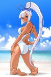  ass barefoot beach blue_eyes cloud dark_skin day feet flat_ass kneeling long_hair looking_back majikina_mina one-piece_swimsuit outdoors plantar_flexion ponytail samurai_spirits silver_hair sky snk solo swimsuit ueyama_michirou white_hair 