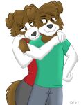 5_fingers anthro border_collie brother_(lore) brother_and_sister_(lore) brown_body brown_eyes brown_fur canid canine canis clothed clothing collie domestic_dog duo embrace eye_contact female fingers fur green_clothing hand_on_hip hand_on_shoulder herding_dog hug hugging_from_behind looking_at_another male mammal pastoral_dog red_clothing sheepdog sibling_(lore) simple_background sister_(lore) smile turbonacho