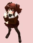  blush brown_eyes brown_hair from_above glasses hands kazu kikuko_(kazu) legs original pantyhose school_uniform serafuku short_hair solo standing twintails 