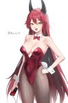  1girl absurdres bare_shoulders bow earbuds earphones goddess_of_victory:_nikke highres holding holding_phone horns long_hair maviss_03 nail_polish open_mouth phone playboy_bunny red_bow red_hair red_hood_(nikke) simple_background smile solo twitter_username white_background 