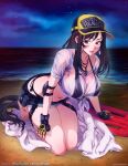  1girl beach bikini black_bikini black_gloves breasts final_fantasy full_body gloves highres long_hair looking_at_viewer mina_cream night outdoors solo swimsuit tifa_lockhart wet wet_clothes 