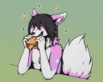 anthro black_hair black_nose burger canid canine eating eating_burger eating_food food fox fur hair inner_ear_fluff male mammal neck_tuft norii pink_body pink_fur shadarrius simple_background sparkles tuft