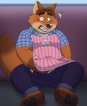  2018 absurd_res anthro apron barely_visible_genitalia barely_visible_penis black_nose blush bottomwear canid canine clothing disney ethancostas feet fox genitals gideon_grey hi_res male mammal masturbation overweight overweight_male pants penis shirt sitting solo surprise topwear zootopia 