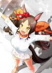  +_+ 1girl alternate_costume animal_ears ao_komhur bead_necklace beads black_hair blurry blurry_background blush breasts brown_footwear commentary_request ear_scrunchie fang highres horse_ears horse_girl horse_tail jewelry large_breasts long_hair long_sleeves marvelous_sunday_(umamusume) necklace open_mouth orange_shorts red_scrunchie scrunchie shirt shorts skin_fang skirt smile solo sparkle tail twintails umamusume white_shirt white_skirt yellow_eyes 