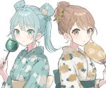  2girls alternate_costume aqua_eyes aqua_hair aqua_kimono brown_eyes closed_mouth double_bun flower food hair_bun hair_flower hair_ornament hanasato_minori hand_fan highres holding holding_fan holding_food japanese_clothes kimono light_blush looking_at_viewer multiple_girls parted_lips print_kimono project_sekai seijyohu simple_background smile upper_body vocaloid white_background white_kimono 