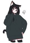  1girl ahoge animal_ears black_eyes black_hair black_hoodie blush bright_pupils cat_ears cat_girl cat_tail commentary_request cowboy_shot dot_mouth eyelashes finger_to_own_chin hand_on_own_hip highres hood hoodie long_hair megateru messy_hair original oversized_clothes simple_background sleeves_past_wrists solo tail tareme thighhighs white_background white_pupils zettai_ryouiki 