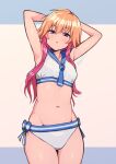  1girl armpits arms_behind_head bikini blue_background commentary_request gojarun highres idolmaster idolmaster_cinderella_girls long_hair looking_at_viewer midriff multicolored_hair navel ninomiya_asuka orange_hair pink_background purple_eyes red_hair solo standing swimsuit thighs twitter_username two-tone_background two-tone_hair white_bikini 