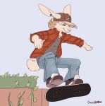 anthro baseball_cap chocolatekitsune clothed clothing ear_piercing hat head_tuft headgear headwear jumping lagomorph leporid male mammal piercing plant rabbit shirt signature skateboard skateboarding skater solo sport topwear torn_clothing tuft