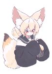  1girl absurdres animal animal_ears black_jacket black_sailor_collar blonde_hair blush commentary_request double_bun fennec_fox fox_ears fox_girl fox_tail hair_bun highres holding holding_animal jacket large_ears long_sleeves looking_at_animal medium_hair megateru off_shoulder open_clothes open_jacket original puffy_long_sleeves puffy_sleeves red_eyes sailor_collar school_uniform serafuku shirt simple_background sleeves_past_fingers sleeves_past_wrists tail upper_body white_background white_shirt 