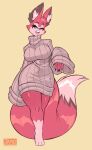 absurd_res anthro baggy_clothing big_breasts blue_eyes breasts canid canine claws clothing dipstick_tail female fox fur hi_res inner_ear_fluff jamoart mammal markings multicolored_tail red_body red_fur simple_background solo sweater tail tail_markings topwear tuft