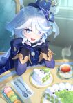  1girl ascot asymmetrical_gloves black_gloves blue_ascot blue_eyes blue_hair blue_headwear blue_jacket blush cake cake_slice commentary_request cowlick cup food fork furina_(genshin_impact) genshin_impact gloves hair_between_eyes hat heterochromia highres indoors interlocked_fingers jacket kura_xx_meme light_blue_hair long_hair long_sleeves looking_at_viewer mismatched_gloves multicolored_hair open_mouth own_hands_together plate sitting smile solo spoon steam streaked_hair table tea teacup top_hat white_gloves white_hair 