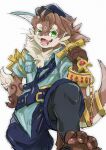 absurd_res anthro ao_gravity brown_body brown_fur clothed clothing fangs fully_clothed fur green_eyes hi_res holding_object holding_sword holding_weapon kemono looking_at_viewer male mammal melee_weapon mustelid open_mouth otter otter_(tas) pawpads smile solo stepping sword teeth weapon wearing_hat white_fangs