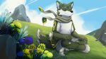 anthro canid cheek_tuft clothed clothing cloud crossed_legs day eyes_closed facial_tuft flower fur grass green_body green_fur head_tuft hi_res kuttoyaki male mammal mouth_closed plant scarf sitting solo tuft white_body white_fur