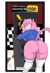 aeris_(vg_cats) anthro arcade_machine butt clothing dmgslinky2025 domestic_cat felid feline felis female hi_res hoodie legwear mammal solo squish stockings thigh_squish topwear underwear vg_cats webcomic