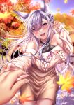  1girl :d absurdres animal_ear_fluff animal_ears autumn_leaves bare_shoulders blurry blurry_background blush braid breasts cowboy_shot dress earrings extra_ears fox_ears fox_girl hair_between_eyes highres holding_hands indie_virtual_youtuber jewelry kamishiro_natsume kitsune large_breasts long_hair long_sleeves looking_at_viewer off-shoulder_dress off_shoulder open_mouth outdoors pov pov_hands purple_eyes purple_hair rairaisuruyo smile solo_focus virtual_youtuber 