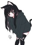  1girl animal_ears black_eyes black_hair black_hoodie blush cat_ears cat_girl cat_tail commentary_request eyelashes feet_out_of_frame hands_on_own_knees highres hood hoodie leaning_forward long_hair looking_at_viewer megateru messy_hair original oversized_clothes simple_background sleeves_past_wrists smile solo tail tareme thighhighs white_background 