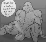  abs absurd_res anthro balls biceps bodily_fluids connivingrat crocodile crocodilian crocodylid dialogue english_text erection foreskin genitals helm_(connivingrat) hi_res male monochrome muscular muscular_male nipples obliques pecs penis reptile scalie solo sweat teeth text triceps vein 