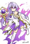  1girl alternate_costume bare_shoulders breasts circlet corruption dark_persona fire_emblem fire_emblem:_genealogy_of_the_holy_war holding holding_staff julia_(fire_emblem) leg_up long_hair mind_control purple_hair red_eyes simple_background solo staff wide_sleeves yukia_(firstaid0) 