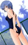 adjusting_clothes adjusting_swimsuit ayanami_rei blue_hair buzzer chain-link_fence cloud day fence highres neon_genesis_evangelion one-piece_swimsuit red_eyes school_swimsuit short_hair sky solo swimsuit towel wet 