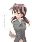  animal_ears blush brown_eyes brown_hair dog_ears dog_tail gertrud_barkhorn hiro_kazuki looking_back panties solo strike_witches tail tail_wagging translated twintails underwear world_witches_series 