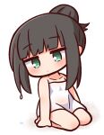  1girl bare_arms bare_shoulders barefoot black_hair blush chibi closed_mouth collarbone full_body green_eyes hair_bun hana_kazari highres long_hair looking_at_viewer naked_towel original seiza sidelocks single_hair_bun sitting solo towel wet wet_hair white_background 