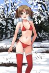 1girl :d alternate_hair_length alternate_hairstyle aposine bare_tree bikini blue_sky breasts brown_eyes brown_hair christmas commentary cowboy_shot day english_commentary girls_und_panzer glasses navel oono_aya open_mouth outdoors red_bikini red_thighhighs rimless_eyewear round_eyewear short_hair sky small_breasts smile snow solo standing swimsuit thighhighs tree twintails winter 