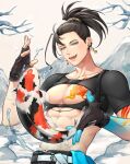  1boy abs arm_tattoo black_hair blue_skin chest_tattoo colored_skin earrings fangs fingerless_gloves fish gloves green_eyes half-closed_eyes high_ponytail highres holostars holostars_english jewelry josuiji_shinri koi large_pectorals long_hair male_focus muscular muscular_male open_mouth pectorals simple_background slw2_07 smile solo standing tassel tassel_earrings tattoo tree upper_body virtual_youtuber water 