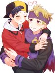  2boys black_headwear black_pants black_shirt blonde_hair blush carrying closed_mouth commentary_request ethan_(pokemon) hat headband heart highres jacket long_sleeves male_focus mochi_(mocchi_p_2m) morty_(pokemon) multiple_boys pants pokemon pokemon_hgss purple_eyes purple_headband purple_scarf red_jacket scarf shirt short_hair smile sweater white_background yaoi 