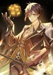  1boy absurdres brown_gloves brown_hair brown_jacket earrings genshin_impact gloves gradient_hair hair_between_eyes highres jacket jewelry ki_1315 long_hair long_sleeves male_focus multicolored_hair pants single_earring solo tassel tassel_earrings vest yellow_eyes zhongli_(genshin_impact) 