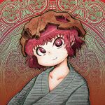  1other :3 androgynous blue_kimono brown_headwear chikafumikou closed_mouth collarbone commentary head_tilt helmet japanese_clothes katano_sukune kimono len&#039;en looking_at_viewer other_focus portrait red_eyes red_hair short_hair solo 