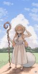  1girl 1other absurdres arm_up braid brown_hair dated day dress elf glasses grass hadashi_no_kenji hat highres holding holding_staff long_hair looking_at_viewer loud orb outdoors pointy_ears sandals see-through sketch sleeveless sleeveless_dress staff standing sun_hat tanken_hakken_boku_no_isekai_elf-san thick_eyebrows toeless_footwear twin_braids twintails very_long_hair white_dress 