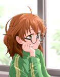  1girl ahoge araki_hina black-framed_eyewear blurry blurry_background blush breasts brown_eyes brown_hair closed_mouth from_side glasses green_jacket hand_on_own_face hand_up headset hige_(com) idolmaster idolmaster_cinderella_girls idolmaster_cinderella_girls_starlight_stage jacket long_sleeves looking_at_another medium_breasts messy_hair semi-rimless_eyewear short_hair solo track_jacket tree under-rim_eyewear window 