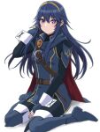  1girl belt blue_eyes blue_hair boots fingerless_gloves fire_emblem fire_emblem_awakening gloves highres long_hair looking_at_viewer lucina_(fire_emblem) shinae symbol-shaped_pupils white_background 