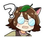  1girl ? animal_ears blush brown_hair brown_shirt brown_vest futatsuiwa_mamizou glasses leaf leaf_on_head looking_at_viewer lowres open_mouth raccoon_ears raccoon_girl shirt short_hair solo sweat tatsu_toyoyo touhou transparent_background upper_body vest 