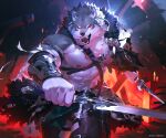 5_fingers abs anthro barazoku battle_cry canid canine canis countershading detailed fangs fingers fur grey_body grey_fur hi_res koutanagamori male mammal melee_weapon muscular muscular_anthro muscular_male navel pecs red_eyes shaded shirtless_anthro shirtless_male solo sword swordfight teeth warrior weapon were werecanid werecanine werewolf white_body white_countershading white_fur wolf