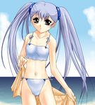  bikini blue_hair day drape flat_chest hoshino_ruri kidou_senkan_nadesico long_hair non-web_source solo swimsuit twintails yellow_eyes 