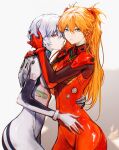  2girls absurdres ayanami_rei blue_eyes bodysuit breasts brown_hair deka_yo hair_between_eyes hair_ornament hand_on_another&#039;s_hip highres hug long_hair looking_at_viewer medium_breasts multiple_girls neon_genesis_evangelion pilot_suit plugsuit red_bodysuit red_eyes shiny_clothes short_hair simple_background skin_tight souryuu_asuka_langley standing two_side_up very_long_hair white_background white_bodysuit wide_hips 