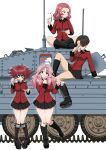  4girls angry black_eyes black_footwear black_hair black_skirt black_wrist_cuffs bob_cut boots breasts closed_eyes collared_shirt cranberry_(girls_und_panzer) cup girls_und_panzer hair_over_one_eye half-closed_eyes head_tilt highres holding holding_cup holding_plate inverted_bob jacket leg_up long_hair long_sleeves looking_at_viewer looking_to_the_side medium_breasts military_vehicle motor_vehicle multiple_girls nao_(nao_puku777) on_vehicle peach_(girls_und_panzer) pink_hair plate pointy_hair red_hair red_jacket red_shirt rosehip_(girls_und_panzer) shirt short_hair simple_background skirt smile st._gloriana&#039;s_military_uniform standing tank teacup tongue tongue_out vanilla_(girls_und_panzer) white_background 